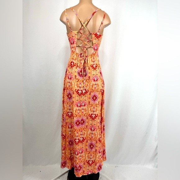 Kaos Jeans NEW Womens Sz 8 Orange Red Print 100% Viscose Maxi Dress Strappy Back - Picture 6 of 15